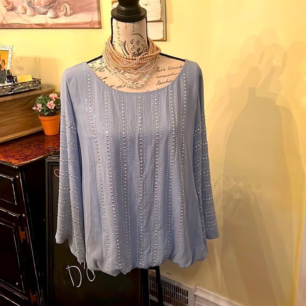Alfani 🌺French-Blue🌺 Sheer Metallic Studded Balloon Bell Slv Top Sz 14